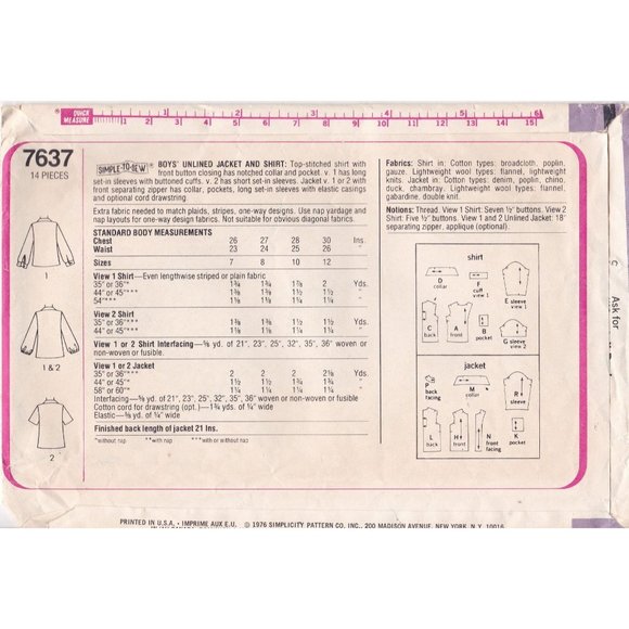 Vintage Sewing PATTERN Simplicity 7637, Simple to Sew Boys 1976 Unlined Shirt - Picture 2 of 2